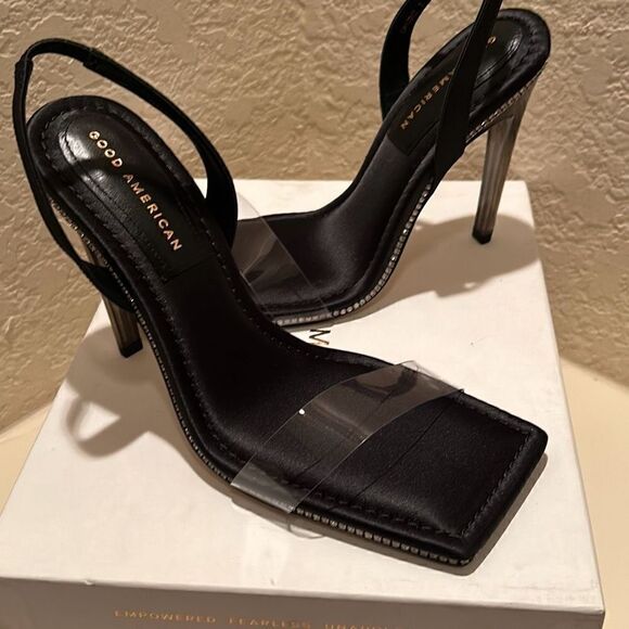 Good American Womens 10 Crystal Crush Sandals Heels Rhinestone Trim Black New - Picture 1 of 12